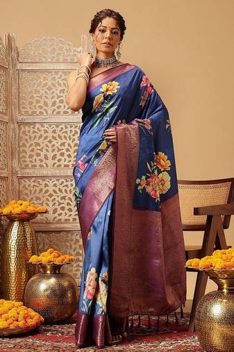 Navy blue printed art silk ethnic saree with blouse piece