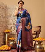 Navy blue printed art silk ethnic saree with blouse piece