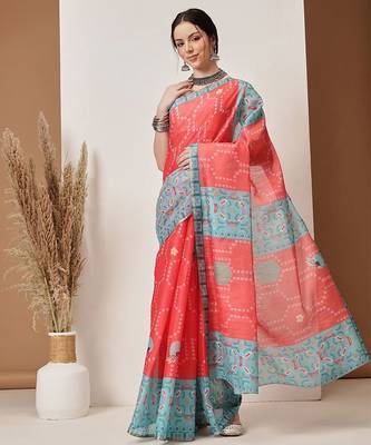 Red printed silk cotton ethnic saree with blouse piece 2