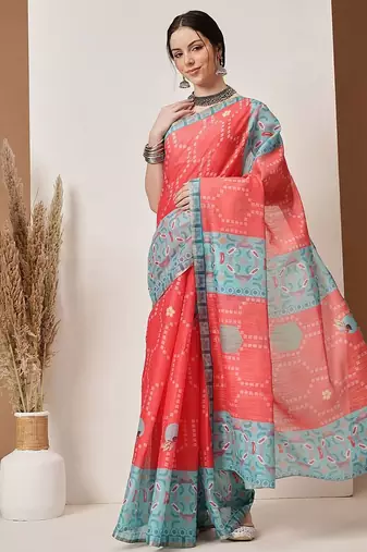 Red printed silk cotton ethnic saree with blouse piece
