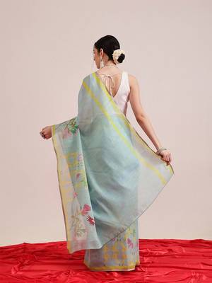 Blue printed silk cotton ethnic saree with blouse piece 3