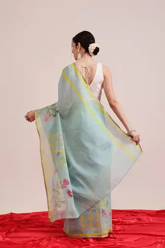 Blue printed silk cotton ethnic saree with blouse piece