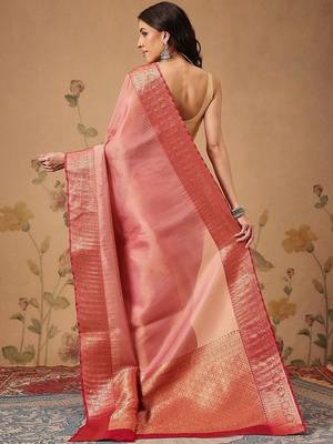 Pink woven tissue party wear saree with blouse piece 3