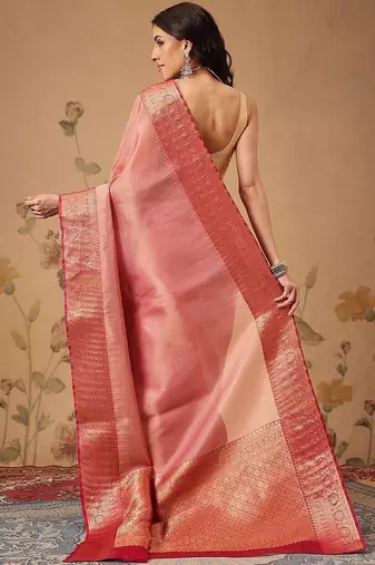 Pink woven tissue party wear saree with blouse piece