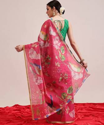 Pink printed silk cotton ethnic saree with blouse piece 3