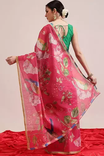 Pink printed silk cotton ethnic saree with blouse piece
