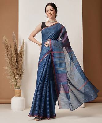 Blue printed silk cotton ethnic saree with blouse piece 2