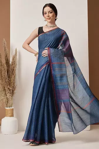 Blue printed silk cotton ethnic saree with blouse piece