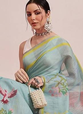 Blue printed silk cotton ethnic saree with blouse piece 4