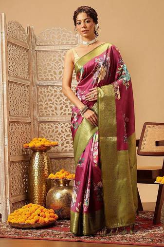 Pink printed art silk ethnic saree with blouse piece