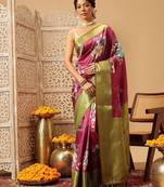 Pink printed art silk ethnic saree with blouse piece
