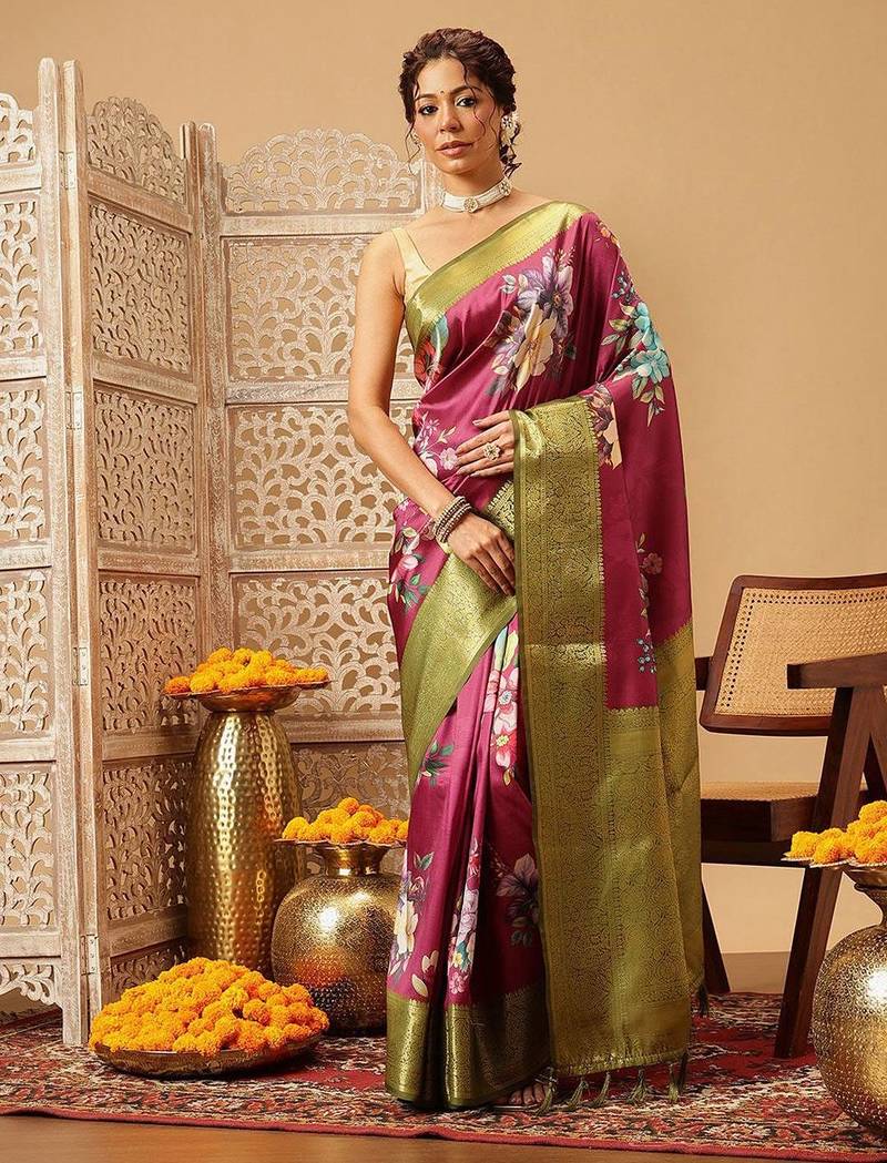 Pink printed art silk ethnic saree with blouse piece