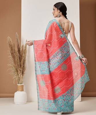 Red printed silk cotton ethnic saree with blouse piece 3