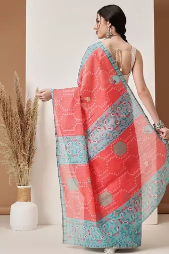 Red printed silk cotton ethnic saree with blouse piece