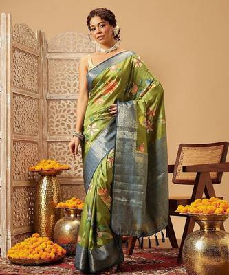 Green printed art silk ethnic saree with blouse piece 2