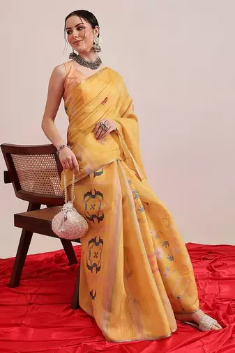 Yellow printed silk cotton ethnic saree with blouse piece