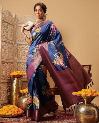 Navy blue printed art silk ethnic saree with blouse piece 2