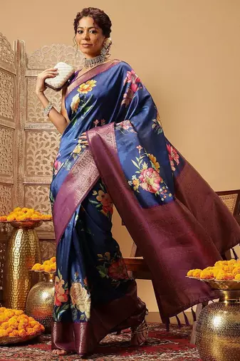 Navy blue printed art silk ethnic saree with blouse piece