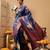Navy blue printed art silk ethnic saree with blouse piece