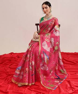 Pink printed silk cotton ethnic saree with blouse piece 4