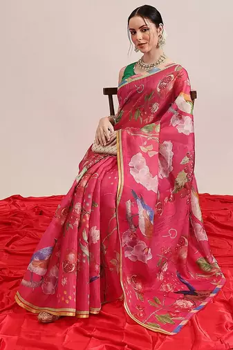 Pink printed silk cotton ethnic saree with blouse piece