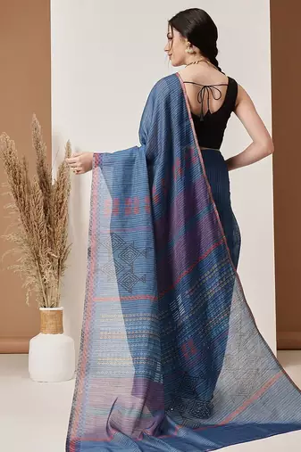 Blue printed silk cotton ethnic saree with blouse piece