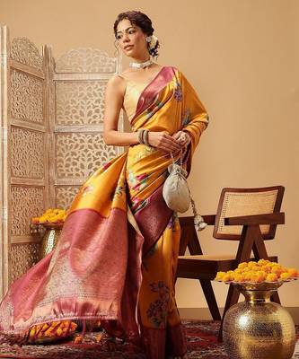 Mustard printed art silk ethnic saree with blouse piece 2