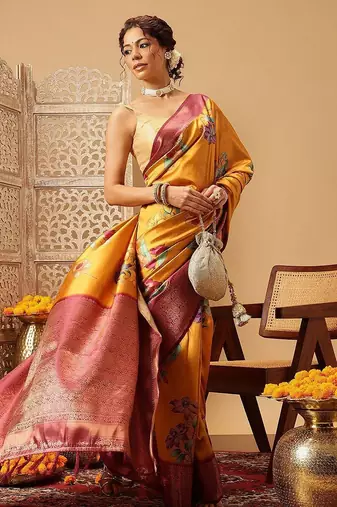 Mustard printed art silk ethnic saree with blouse piece