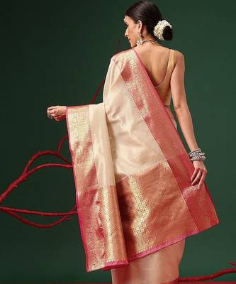 Cream zari tissue traditional saree with blouse piece 3