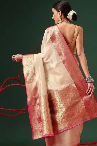 Cream zari tissue traditional saree with blouse piece
