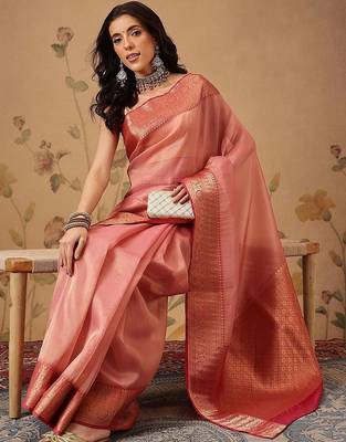 Pink woven tissue party wear saree with blouse piece 4