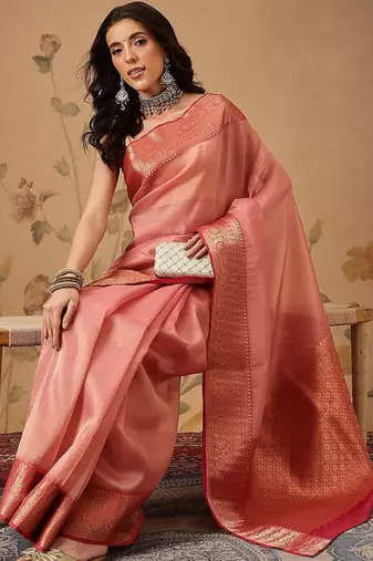 Pink woven tissue party wear saree with blouse piece