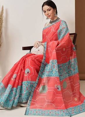 Red printed silk cotton ethnic saree with blouse piece 4