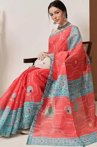 Red printed silk cotton ethnic saree with blouse piece