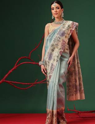 Blue printed tissue traditional saree with blouse piece 1