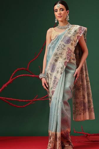Blue printed tissue traditional saree with blouse piece