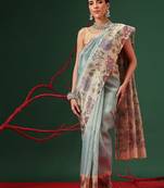 Blue printed tissue traditional saree with blouse piece