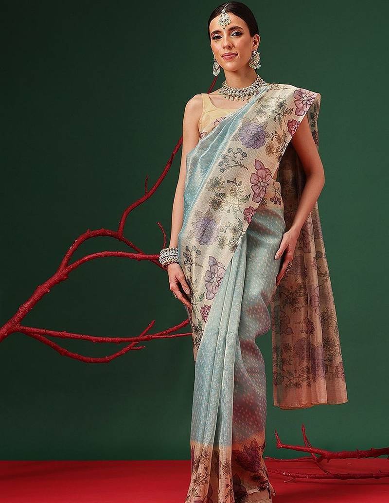 Blue printed tissue traditional saree with blouse piece