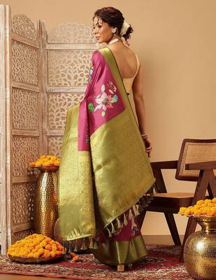 Pink printed art silk ethnic saree with blouse piece 2