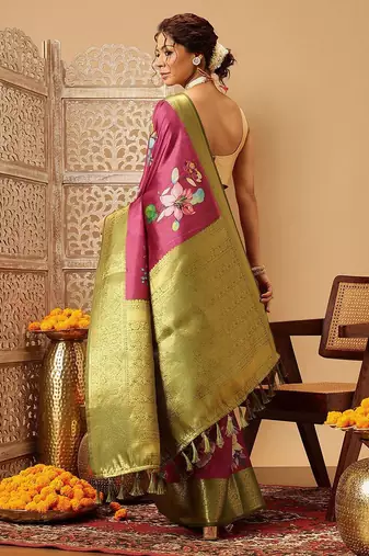 Pink printed art silk ethnic saree with blouse piece