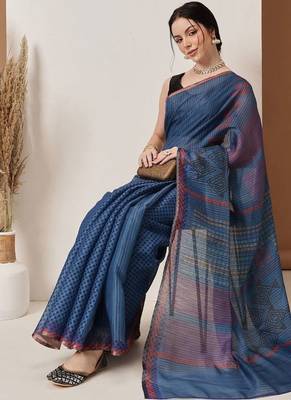 Blue printed silk cotton ethnic saree with blouse piece 4