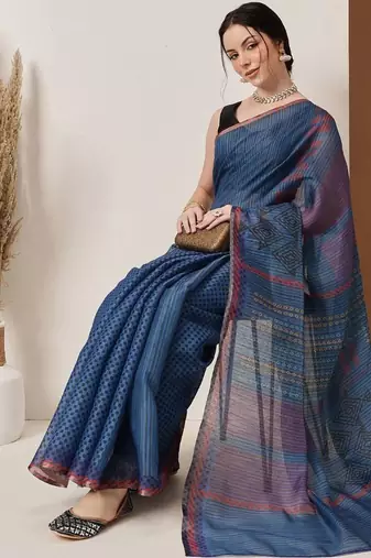 Blue printed silk cotton ethnic saree with blouse piece