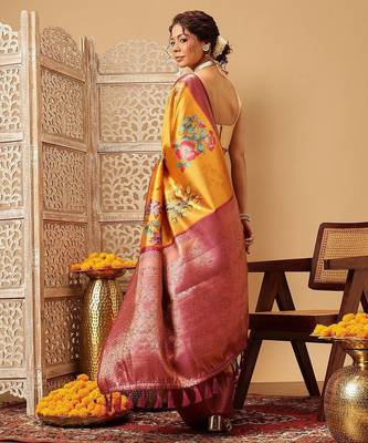 Mustard printed art silk ethnic saree with blouse piece 3