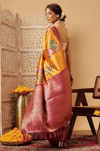 Mustard printed art silk ethnic saree with blouse piece