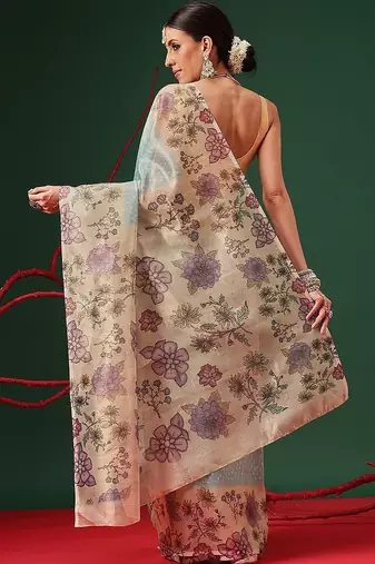 Blue printed tissue traditional saree with blouse piece