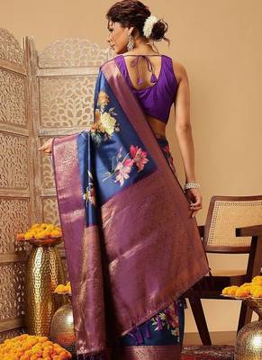 Navy blue printed art silk ethnic saree with blouse piece 3