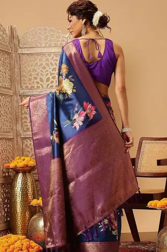 Navy blue printed art silk ethnic saree with blouse piece