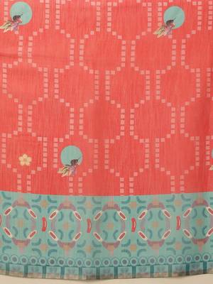 Red printed silk cotton ethnic saree with blouse piece 5