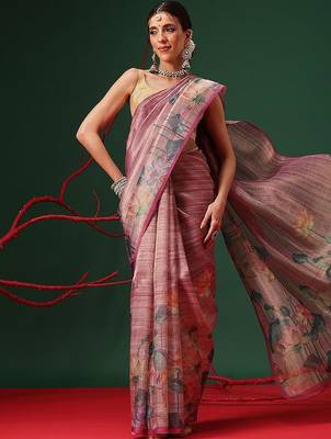 Pink printed tissue traditional saree with blouse piece 1