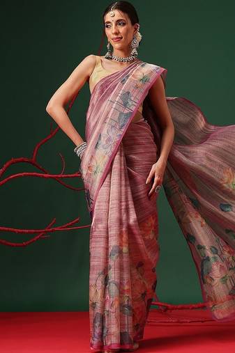 Pink printed tissue traditional saree with blouse piece